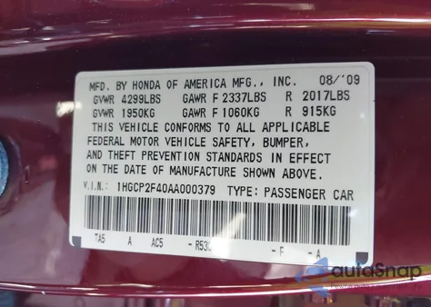 2010 Honda Accord 2.4 Lx-P from USA, damaged, VIN 1HGCP2F40AA000379
